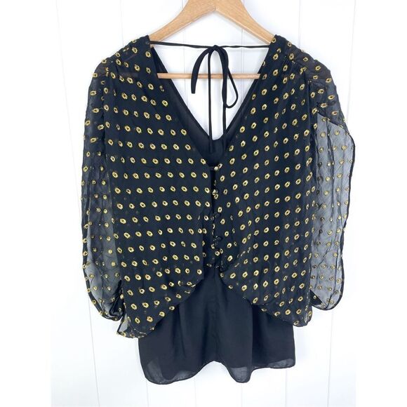 Anthro Greylin Black Gold Flutter Sleeve Sheer Polka Dot Button Down Back Top S - Picture 8 of 11